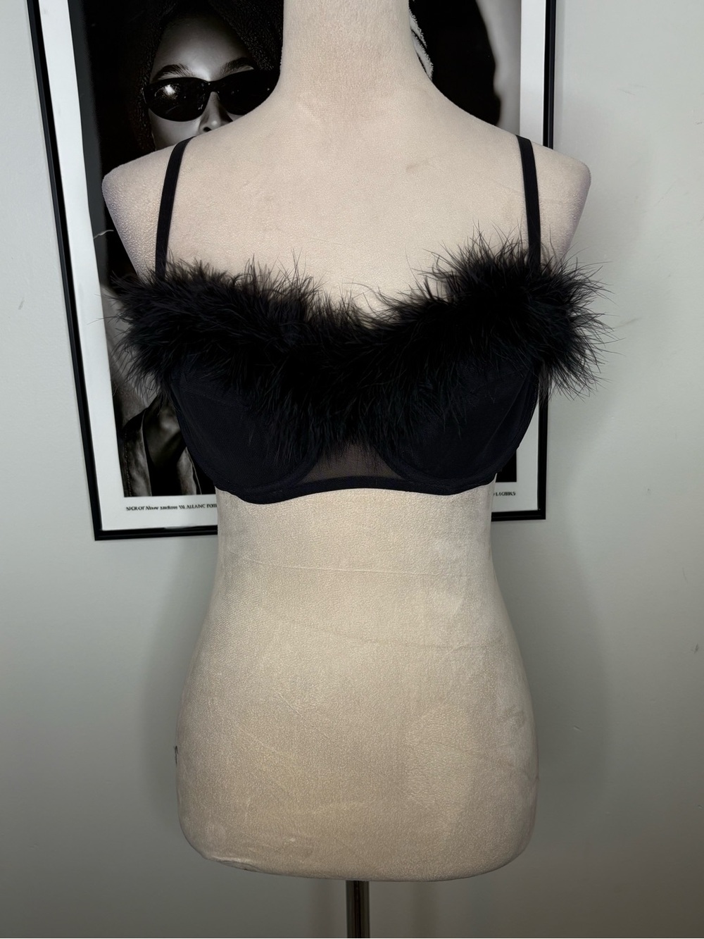 Black Feather Trim Balconette Bralette